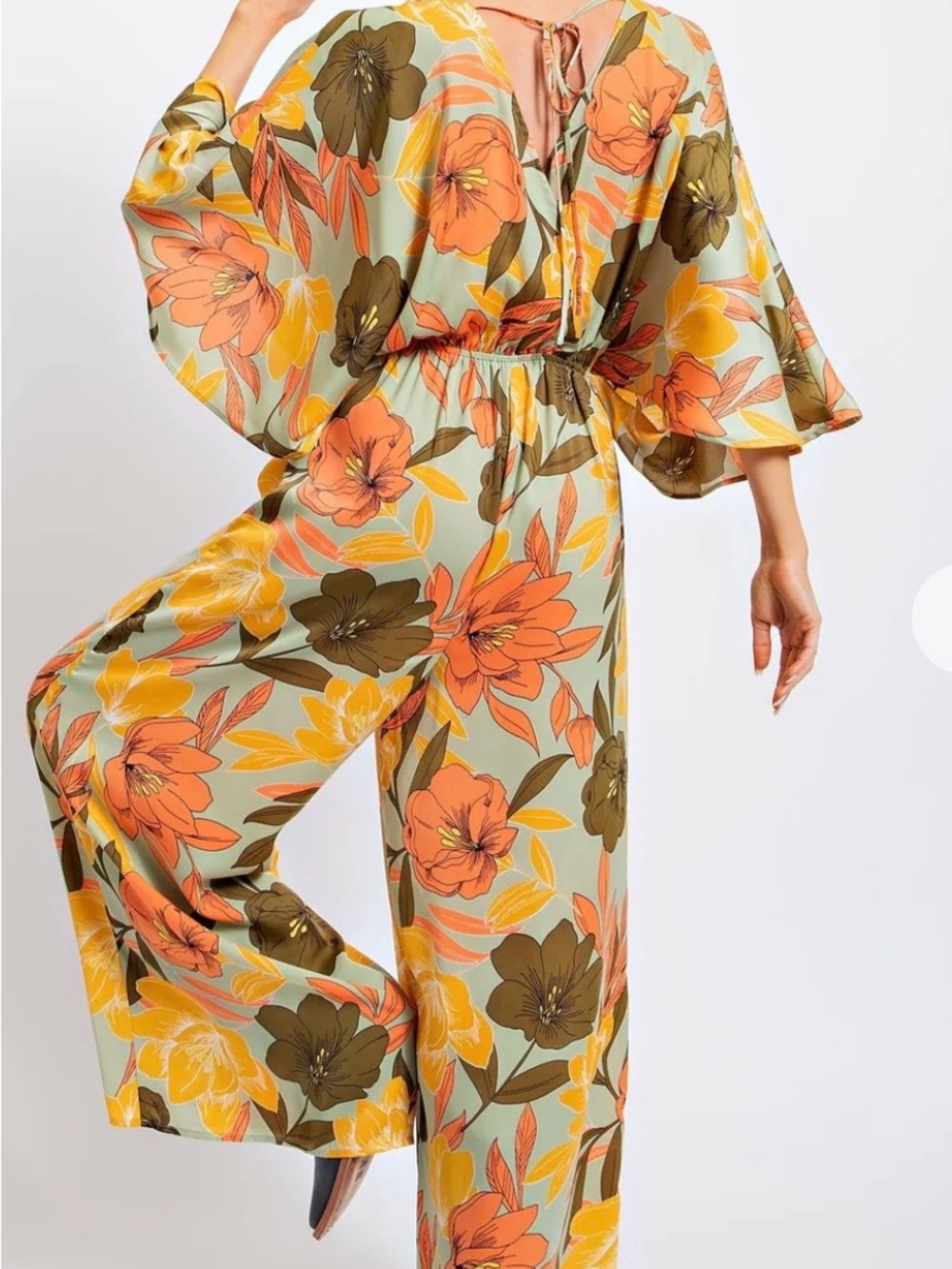 easel Olive Jumpsuit with Orange & Yellow Floral Print